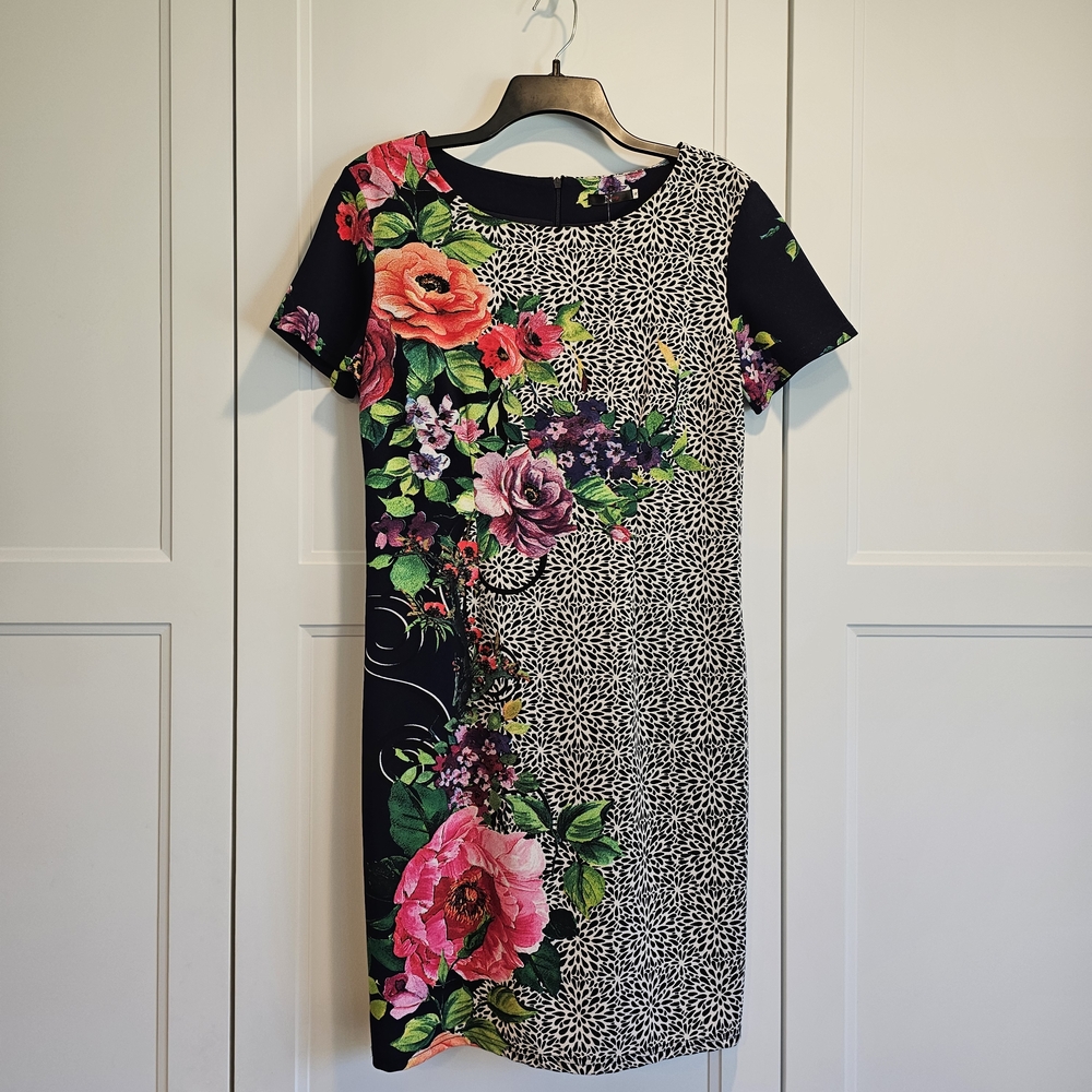 Joseph Ribkoff Inspired Floral Geometric Printed Boutique Midi Dress NWT Size 8